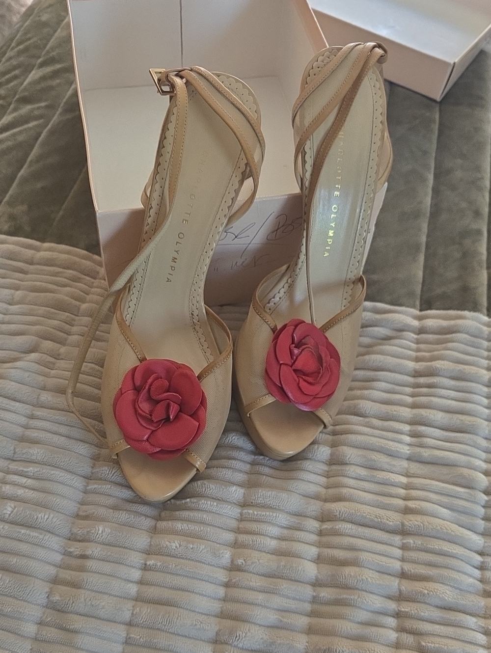 Charlotte Olympia Nude Leather Strappy Heels with Pink Rose Appliqué